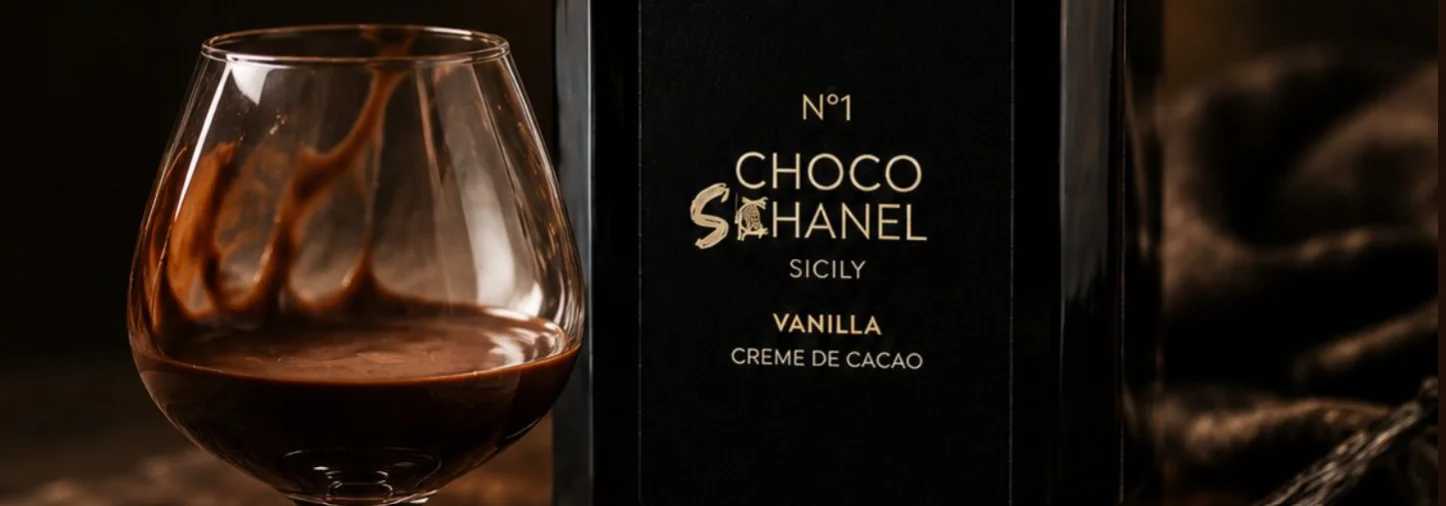 Glas mit dunkelbrauner Flüssigkeit neben schwarzer Flasche mit goldener Aufschrift „Choco Schanel