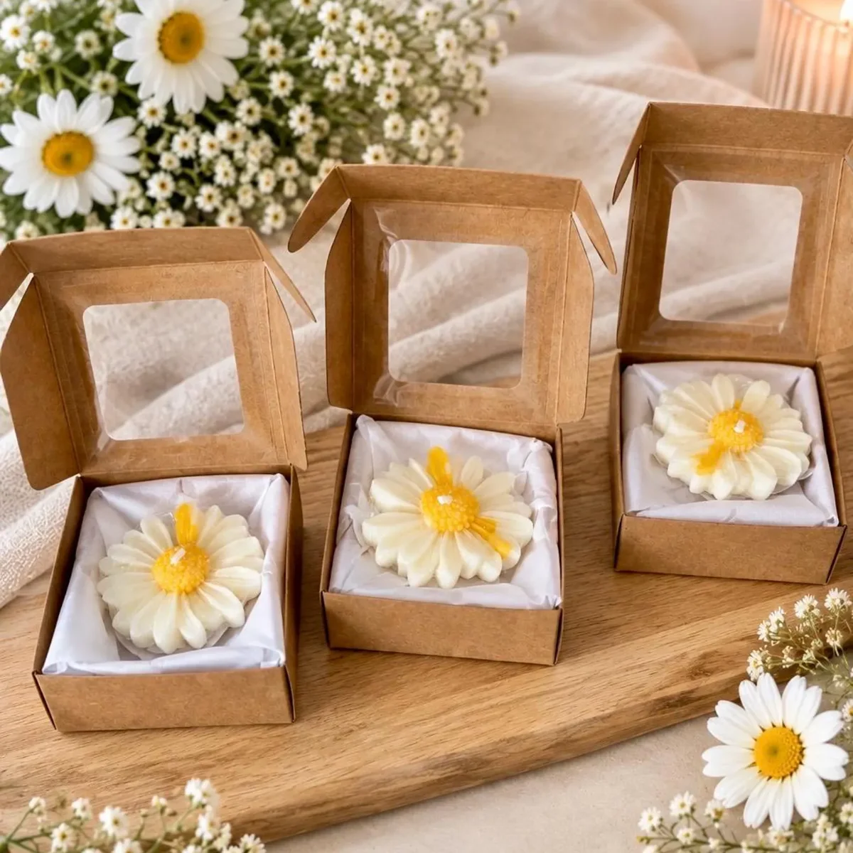 Drei Gänseblümchen-Kerzen in Kraftpapierboxen mit Sichtfenster, umgeben von echten Gänseblümchen und Schleierkraut.
