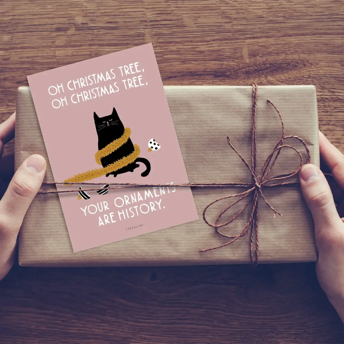 Weihnachtskarte mit schwarzer Katze im Weihnachtspullover auf rosafarbenem Grund, in Geschenkbox mit Schnur