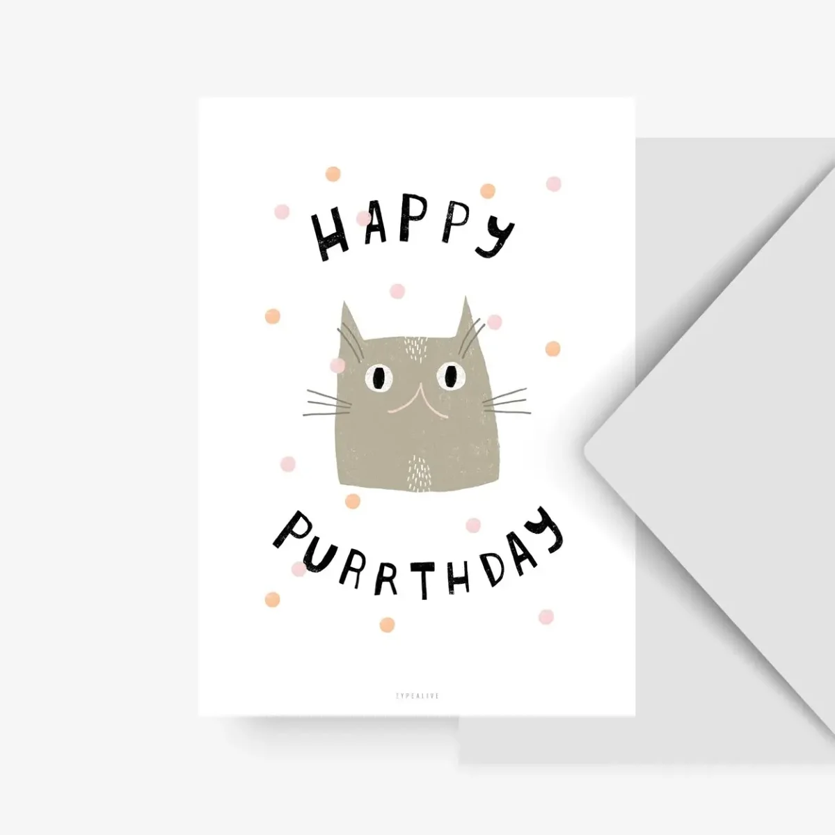 Geburtstagskarte mit Katzenkopf und Text „Happy Purrthday