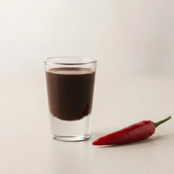 Schuss-Glas mit dunkelbraunem Schokoladen-Likör, daneben eine rote Chilischote