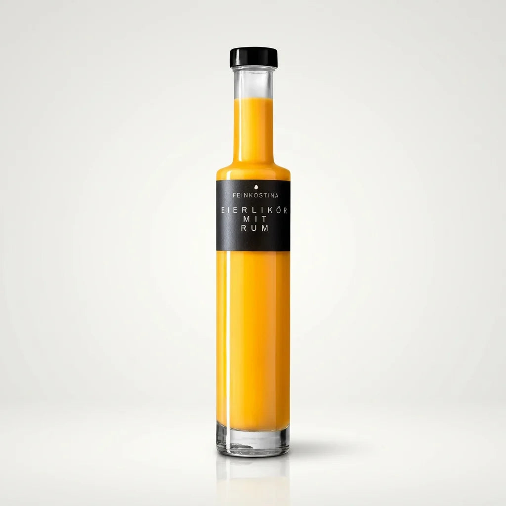 Schlanke Glasflasche mit schwarzem Etikett „Feinkostina Eierlikör mit Rum