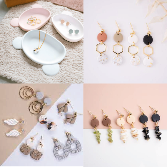 Vier Ohrring-Paare aus Polymer Clay in verschiedenen Designs: geometrische Formen mit Perlen, runde Scheiben in…