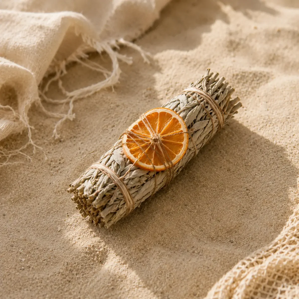 Weißes Salbei-Räucherbündel mit getrockneter Orangenscheibe, auf Sand und Leinenstoff liegend.