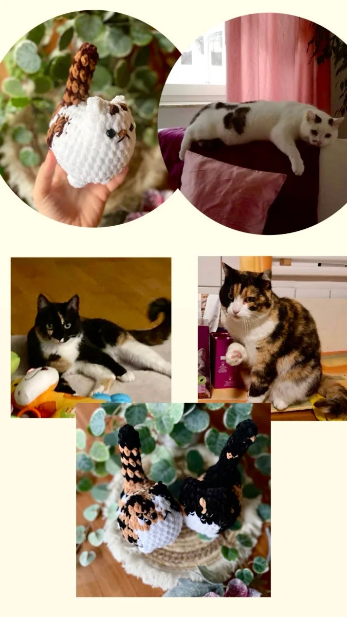 Weiß-braun gefleckte Amigurumi-Katze liegt entspannt auf einem rosa Kissen, Nahaufnahme der gehäkelten Struktur und…