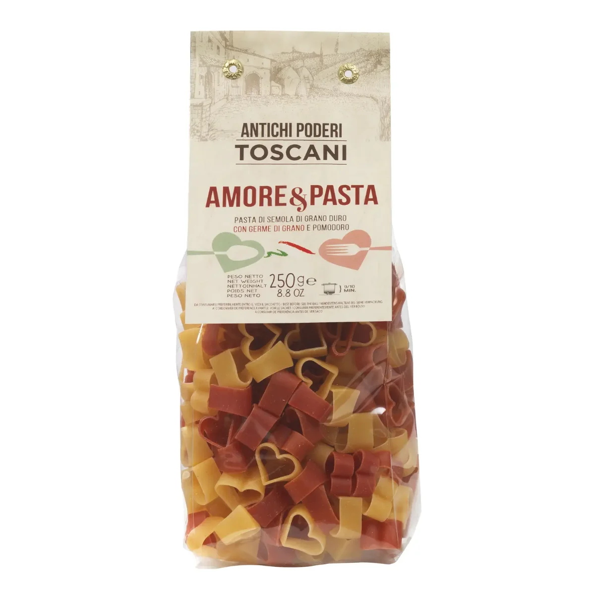 Transparente Packung mit herzförmiger Pasta in Gelb und Rot, vorne ein Etikett mit Schriftzug Amore & Pasta