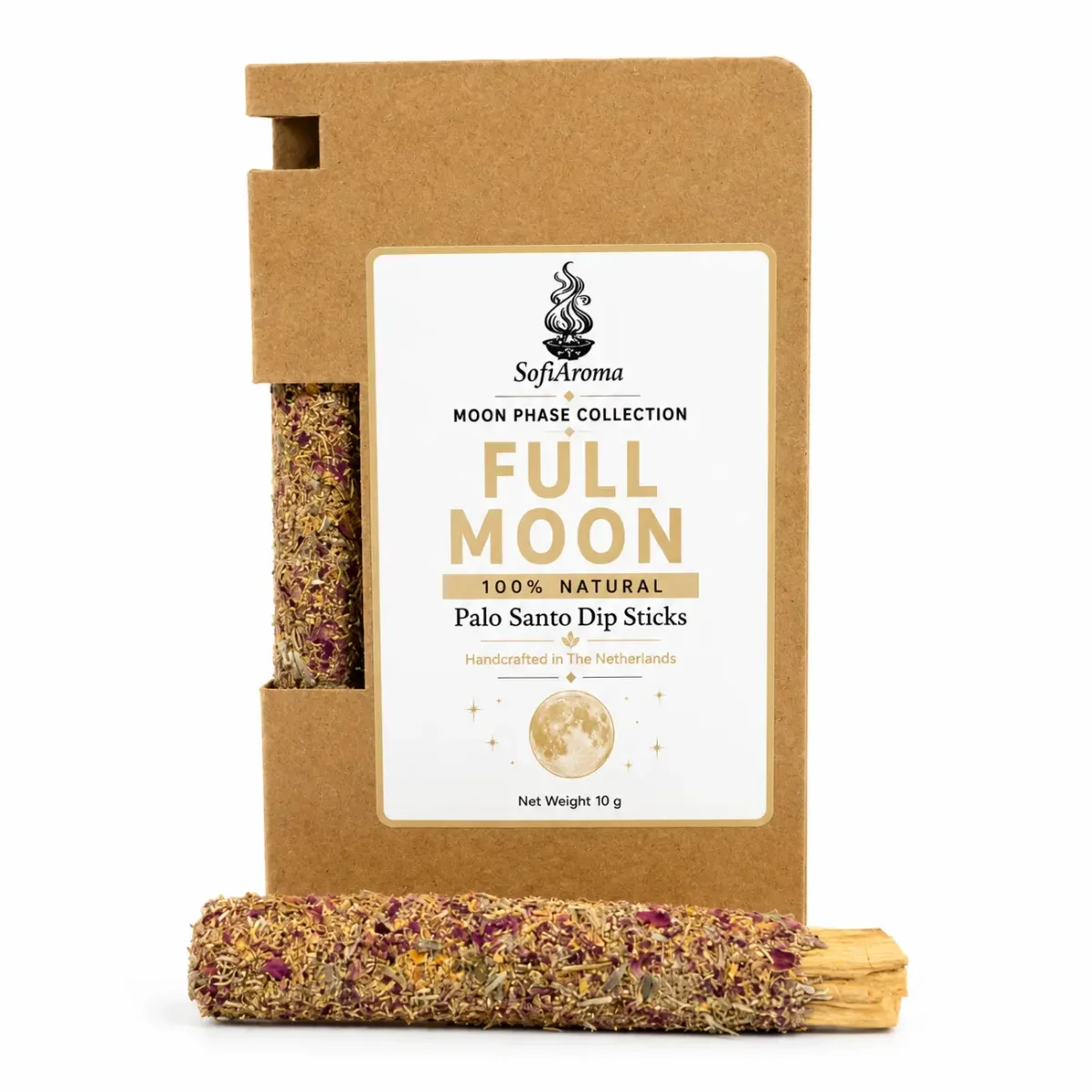 Palo Santo Räucherstäbchen in Kraftkarton-Schachtel mit Etikett „Full Moon