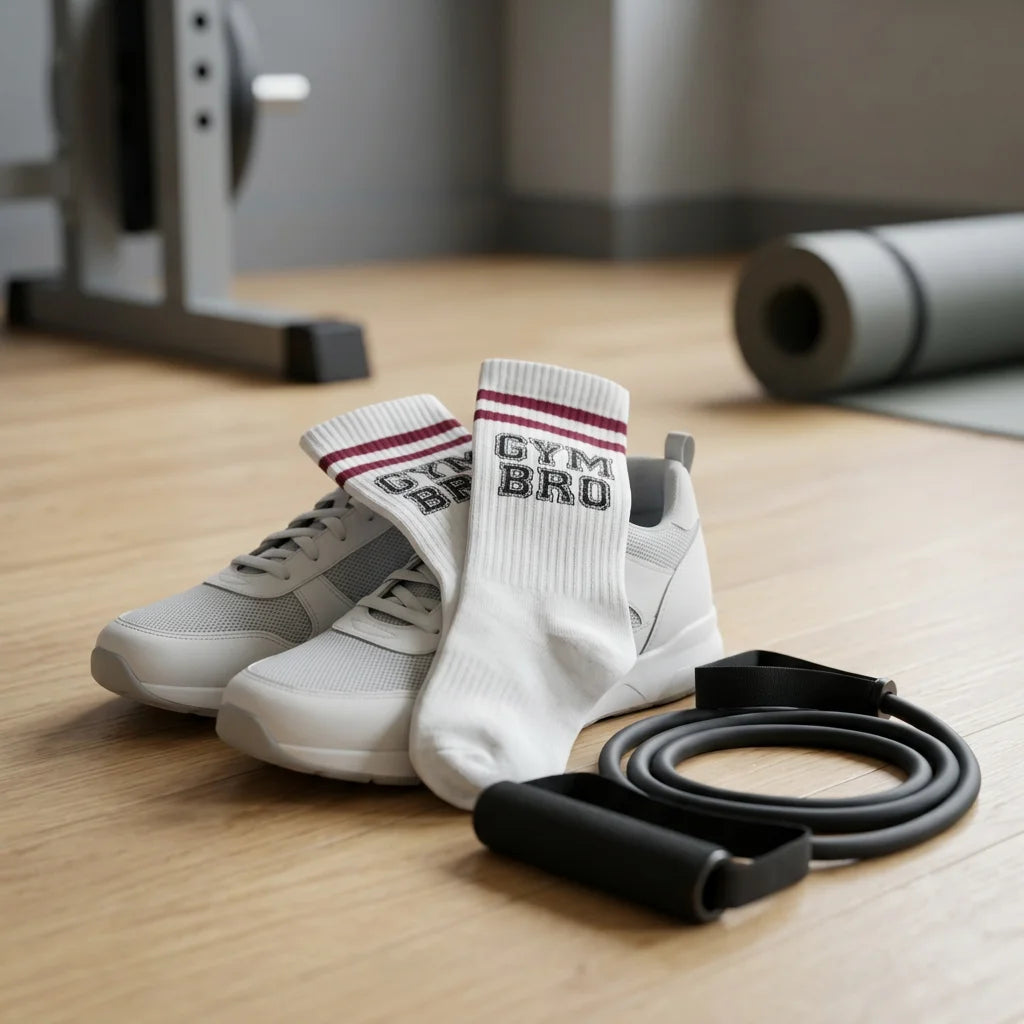 Sportsocken Gym Bro weiß mit rotem Schriftzug, neben Sportschuh und Springseil auf Holztisch.