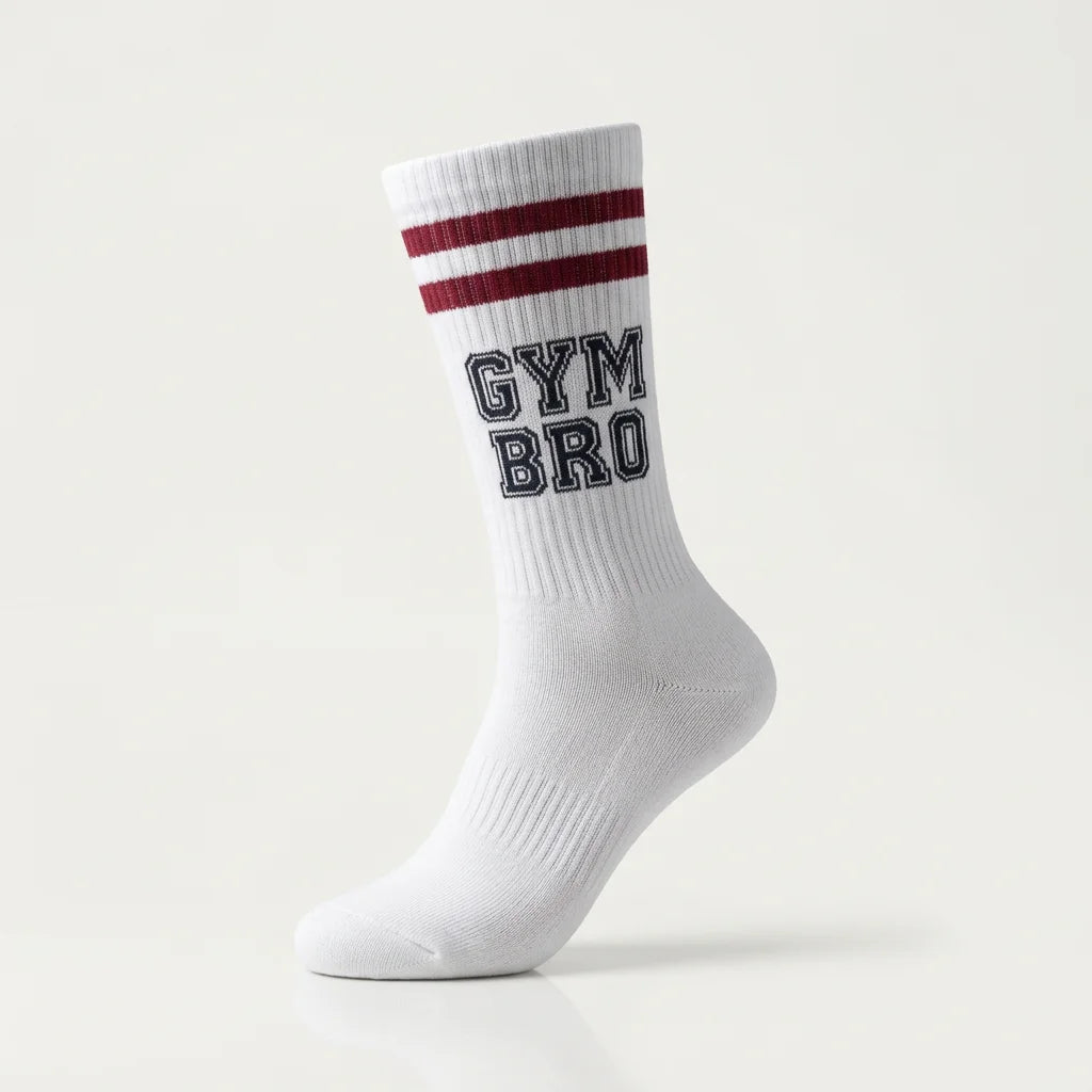 Weiße Sportsocke mit rotem Streifen und „GYM BRO