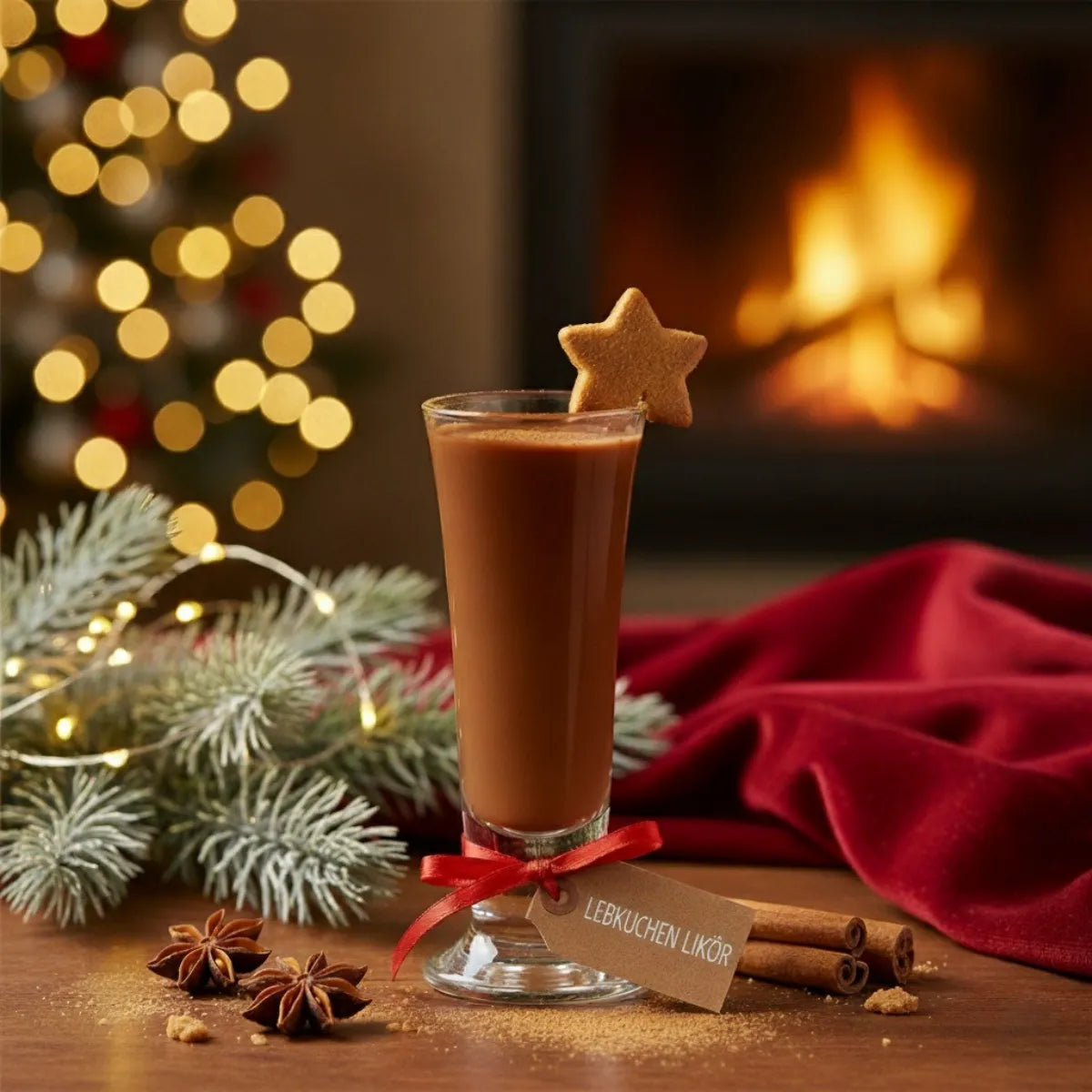 Glas mit braunem Likör, gekrönt von einem Lebkuchen-Stern, umgeben von Tannenzweigen, Sternanis und Zimtstangen vor…