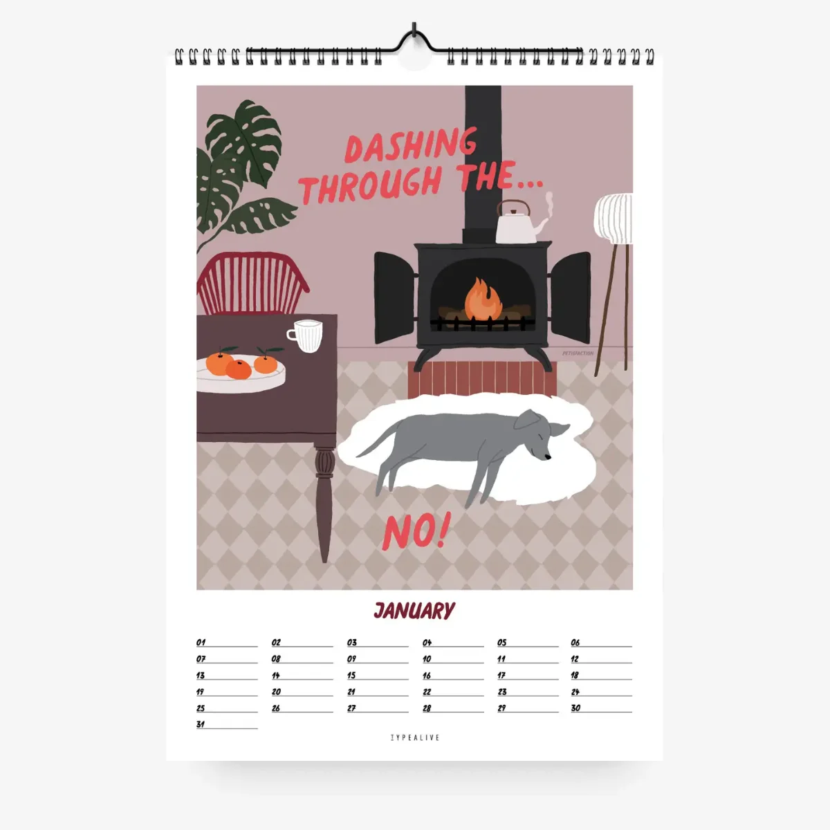 Wandkalender mit Hundemotiv: Januar-Seite zeigt illustrierte Szene mit Hund vor Kamin, Möbeln und Pflanze, darunter…
