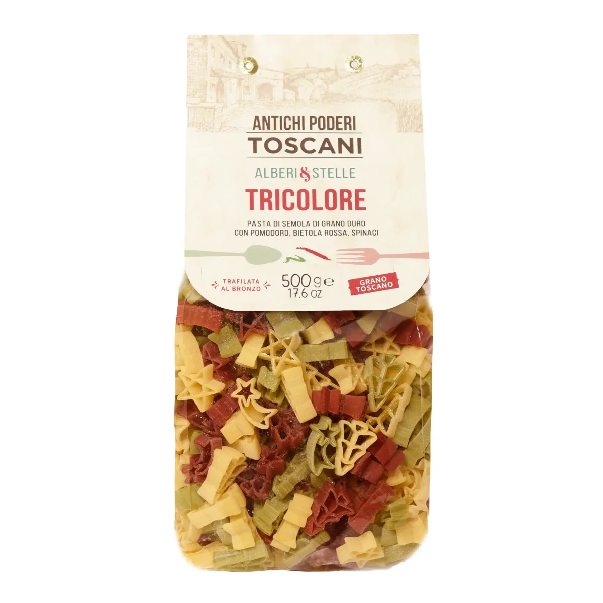 Transparenter Beutel mit dreifarbiger Pasta in Tannenbaum- und Sternform, Gelb, Rot und Grün, vorne mit Etikett.