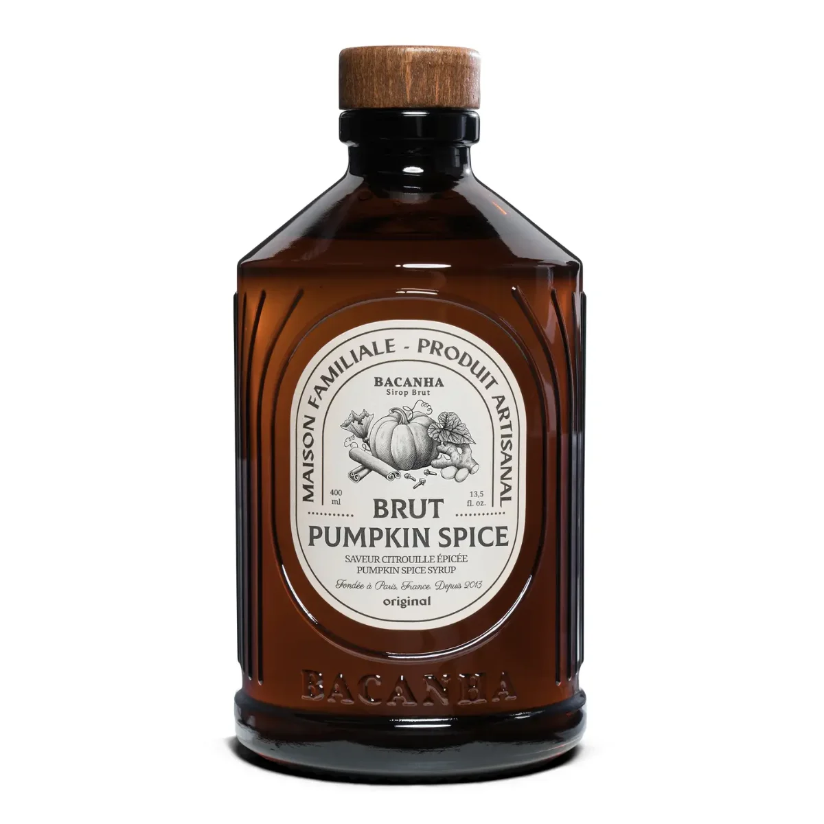 Pumpkin Spice Sirup, 400-ml-Flasche aus braunem Glas mit Holzverschluss, Etikett mit Kürbis-Illustration
