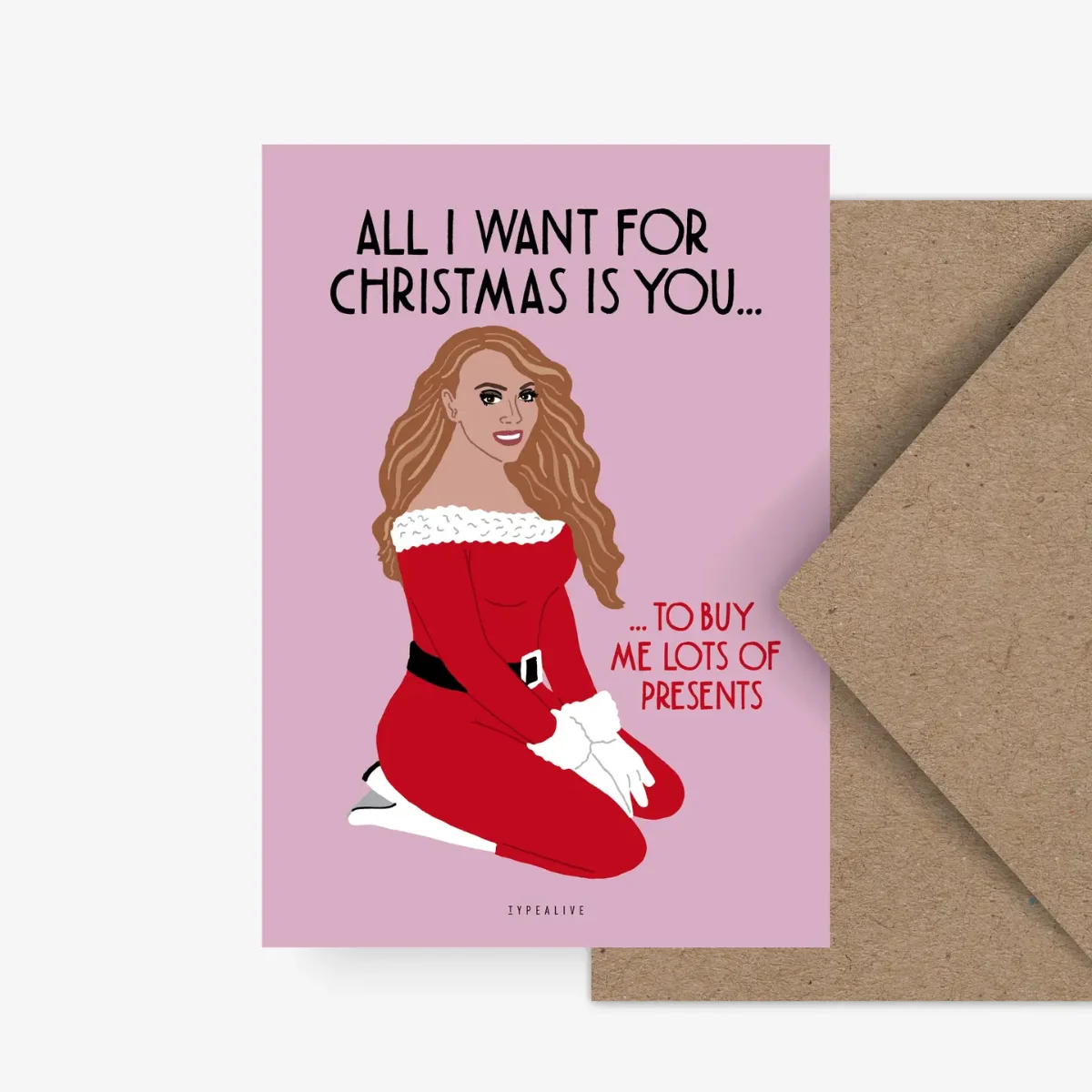 Weihnachtskarte mit rosa Hintergrund, illustrierte Frau im roten Weihnachtsoutfit, Text „All I Want For Christmas Is You……