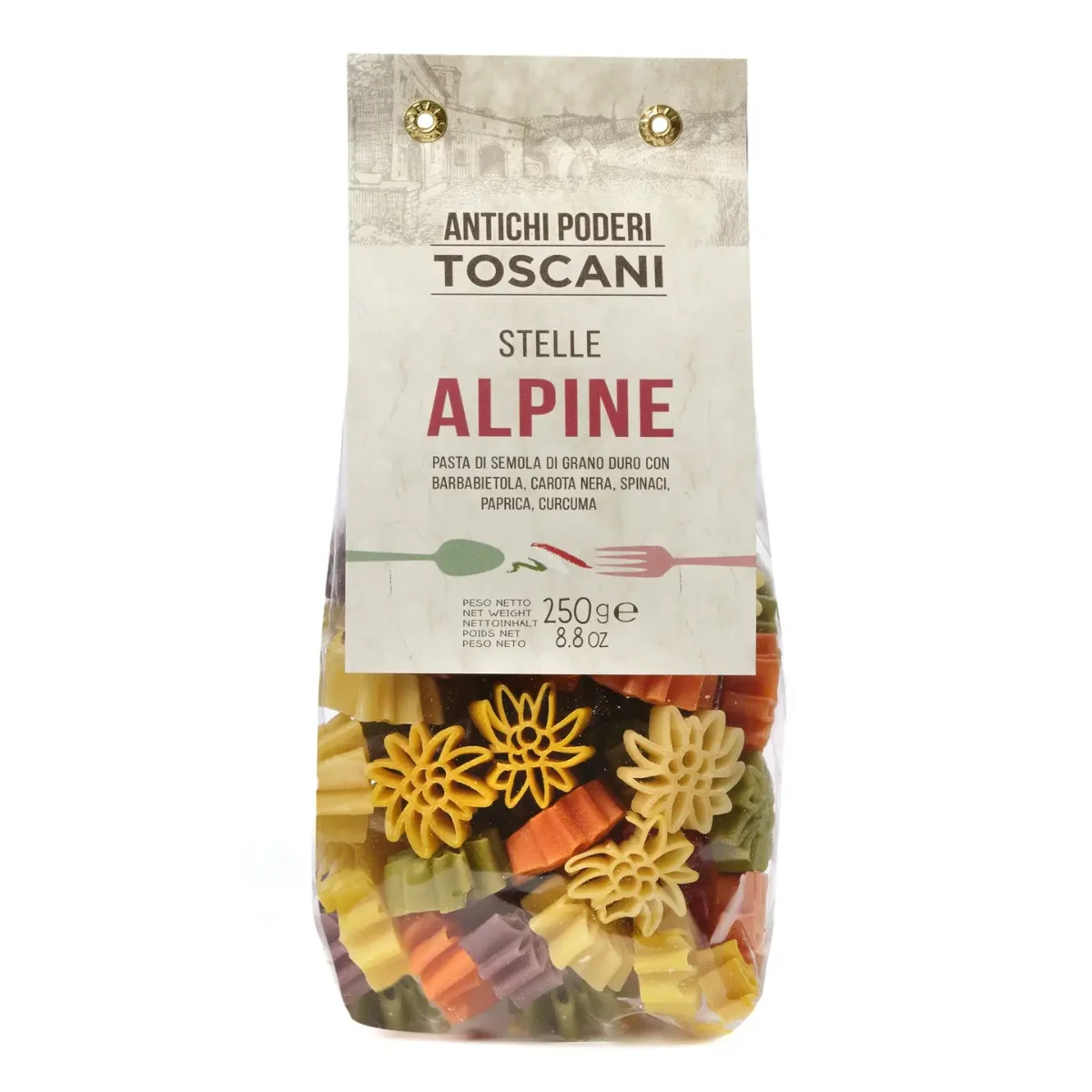 Pasta in Blumenform: mehrfarbige Nudeln in Gelb, Orange und Grün, vorne in einer durchsichtigen Packung mit Etikett.