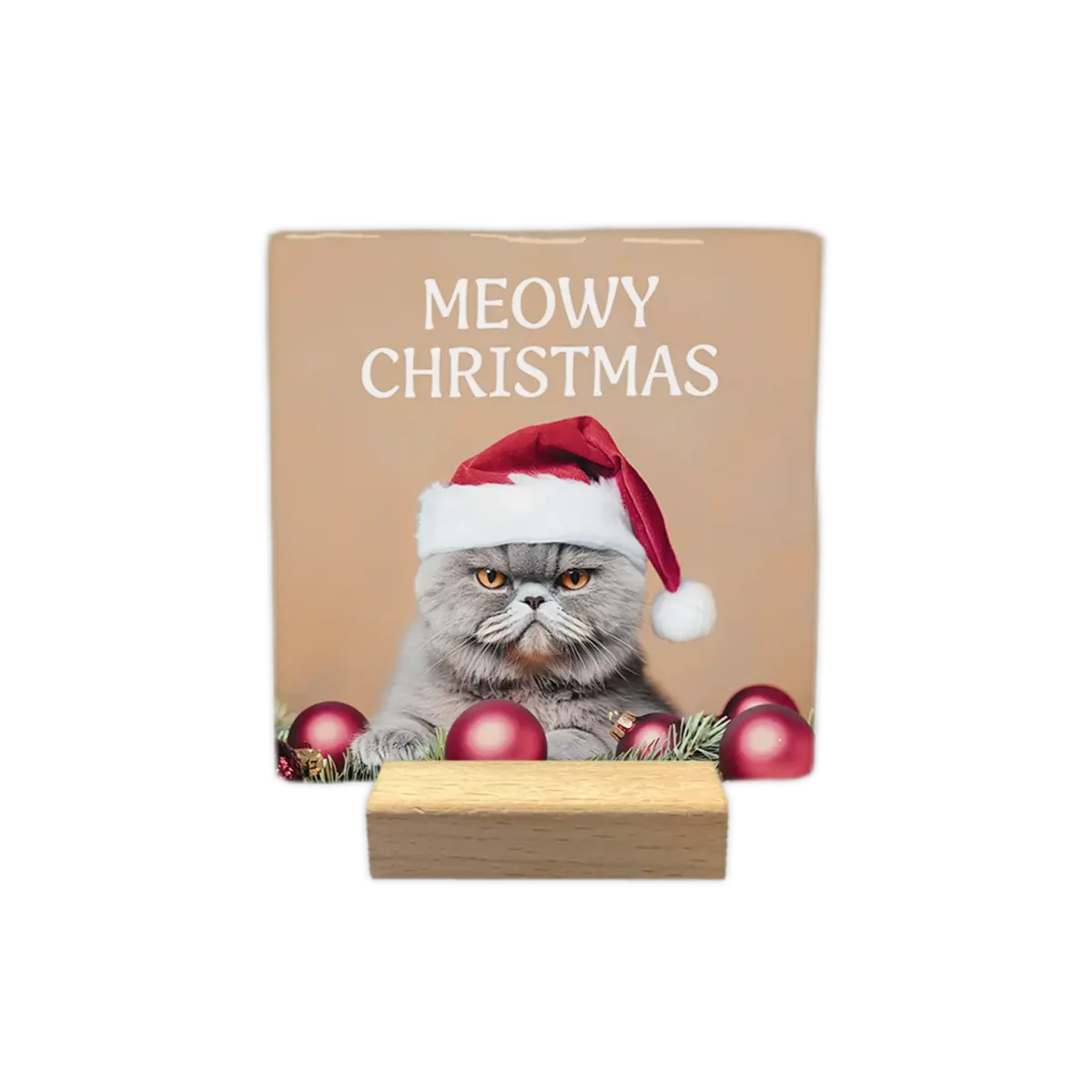 Keramikfliese mit grauer Katze in Weihnachtsmütze, roten Kugeln und Text „MEOWY CHRISTMAS