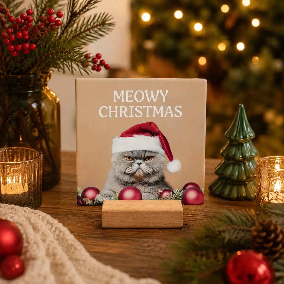 Beige Keramikfliese mit Weihnachtsmotiv: Katze mit Weihnachtsmütze und roten Kugeln, Text „MEOWY CHRISTMAS