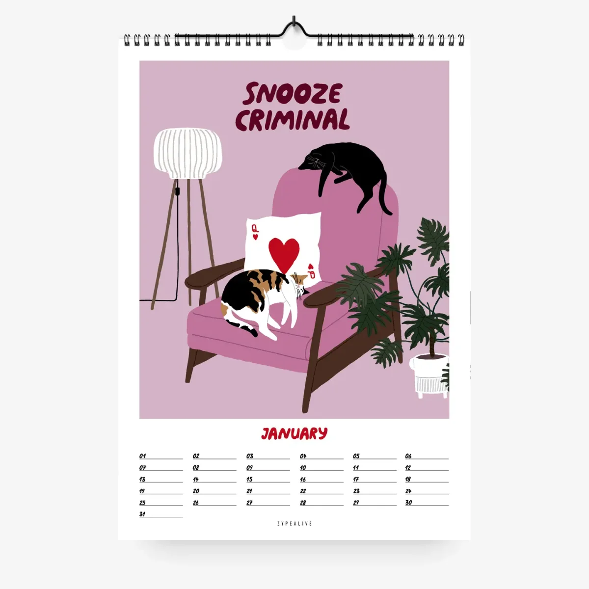 Wandkalender DIN A4 mit Katzenmotiv: Illustration einer schwarzen Katze auf rosa Bett, Text „SNOOZE CRIMINAL