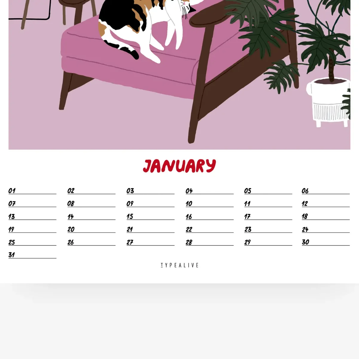 Januar-Seite des Kalenders mit Illustration einer Katze auf rosa Sofa, darunter Datumszeilen zum Eintragen