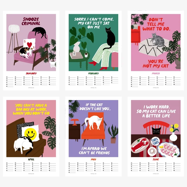 Sechs Kalenderseiten nebeneinander: Bunte Illustrationen mit Katzen und witzigen Sprüchen wie „Snooze Criminal