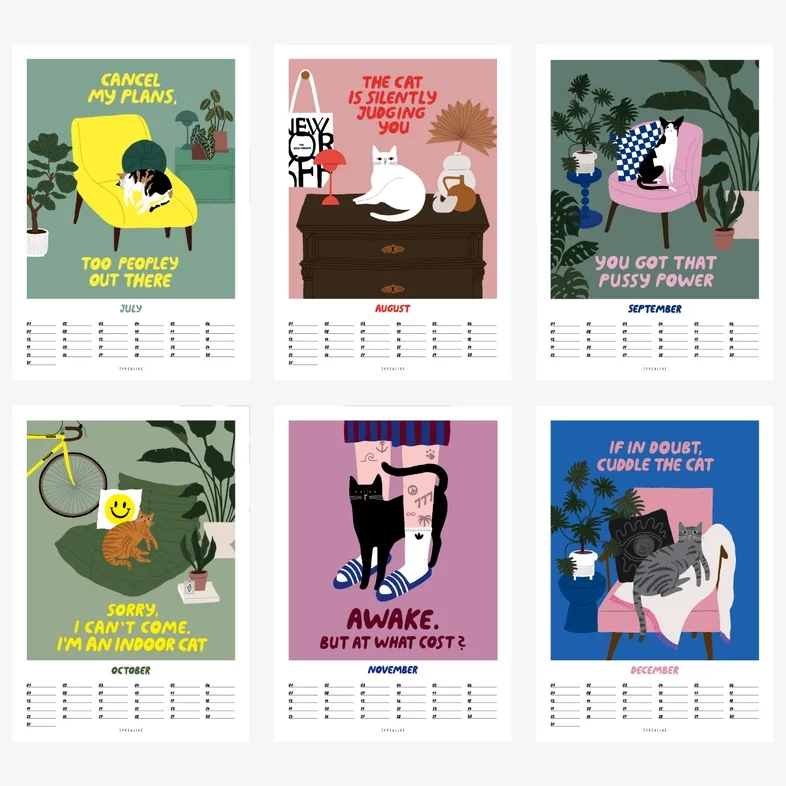 Alle zwölf Kalenderblätter nebeneinander: bunte Illustrationen mit witzigen Katzenmotiven und Sprüchen, darunter…