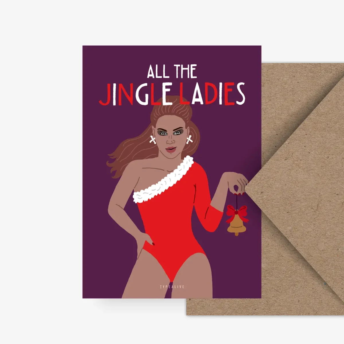 Weihnachtskarte mit Illustration einer Frau im roten Weihnachtskostüm auf violettem Grund, Text „All the Jingle Ladies