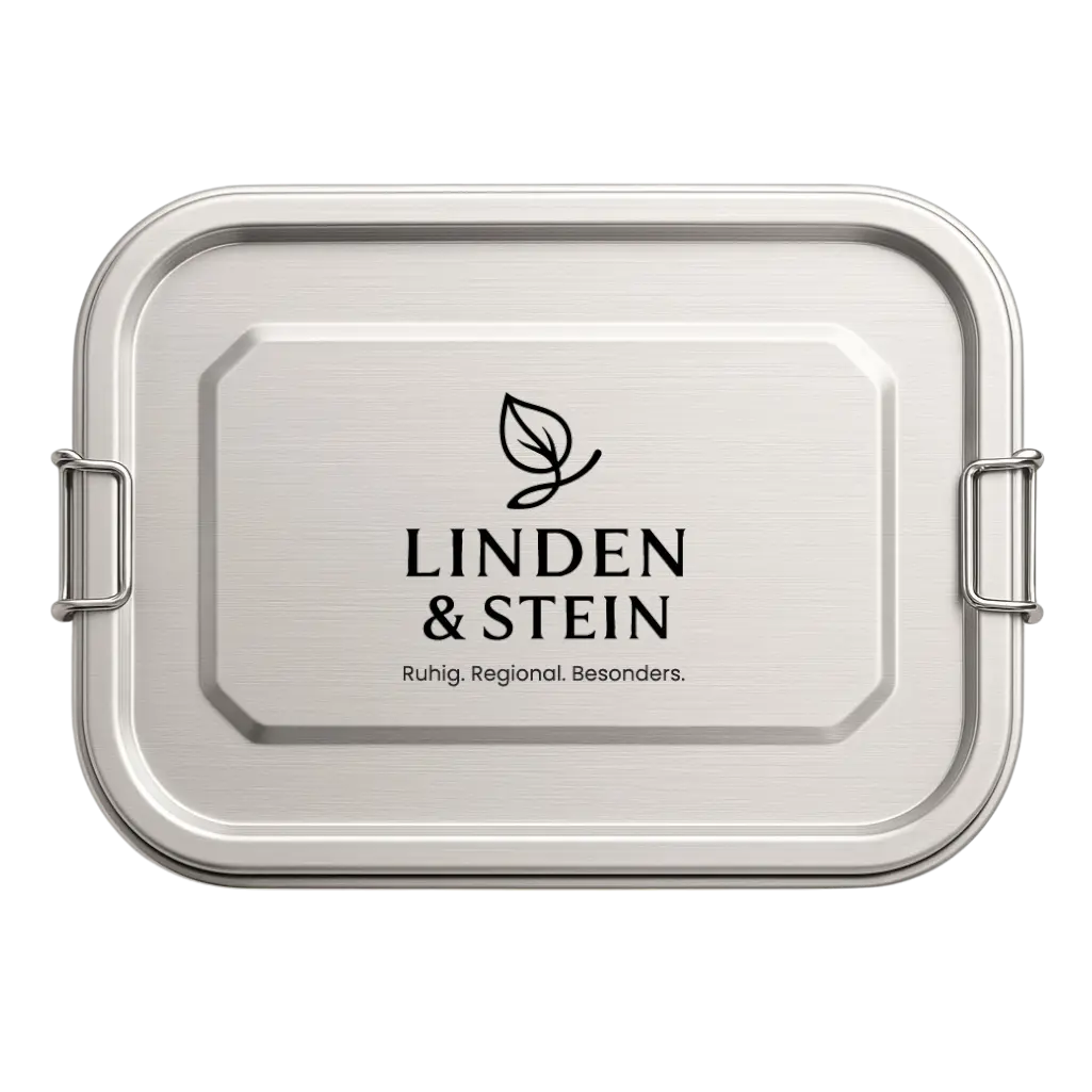 Edelstahl-Lunchbox von oben, Deckel mit Gravur „LINDEN & STEIN
