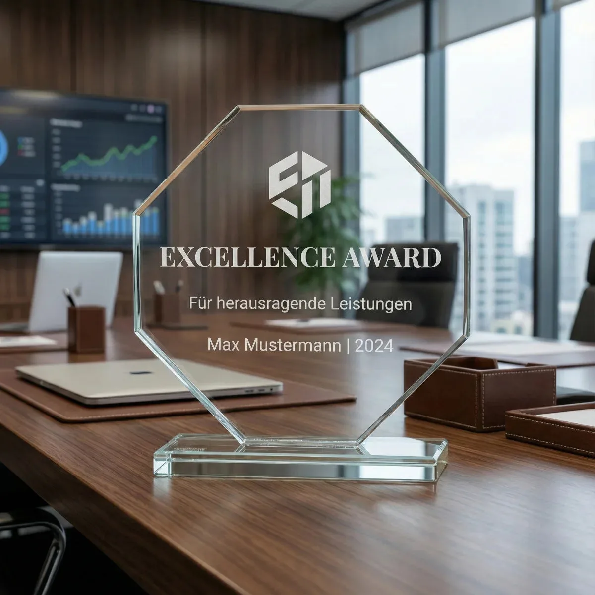 Kristallglas Pokal mit achteckiger Form, graviert mit Logo und Text „Excellence Award