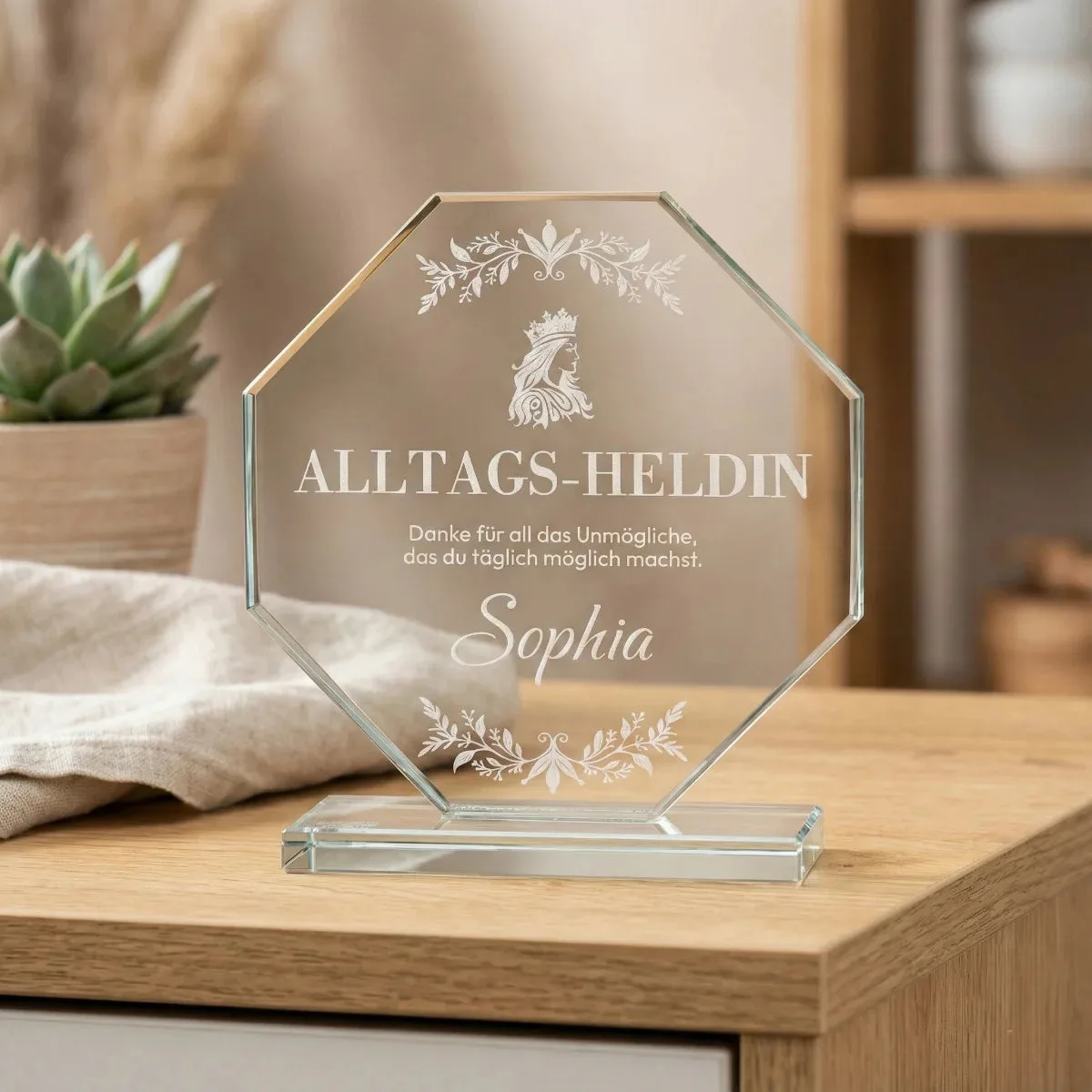 Achteckiger Kristallglaspokal mit frostweißer Gravur, auf Holztisch neben Sukkulente, zeigt personalisierten Text und…