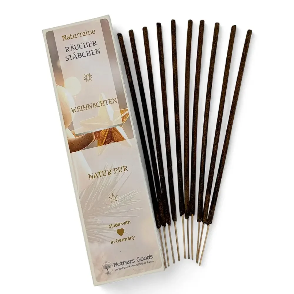 Weihnachts-Räucherstäbchen: Packung mit 10 dunklen Stäbchen neben geöffneter Schachtel, Etikett zeigt „Naturpure
