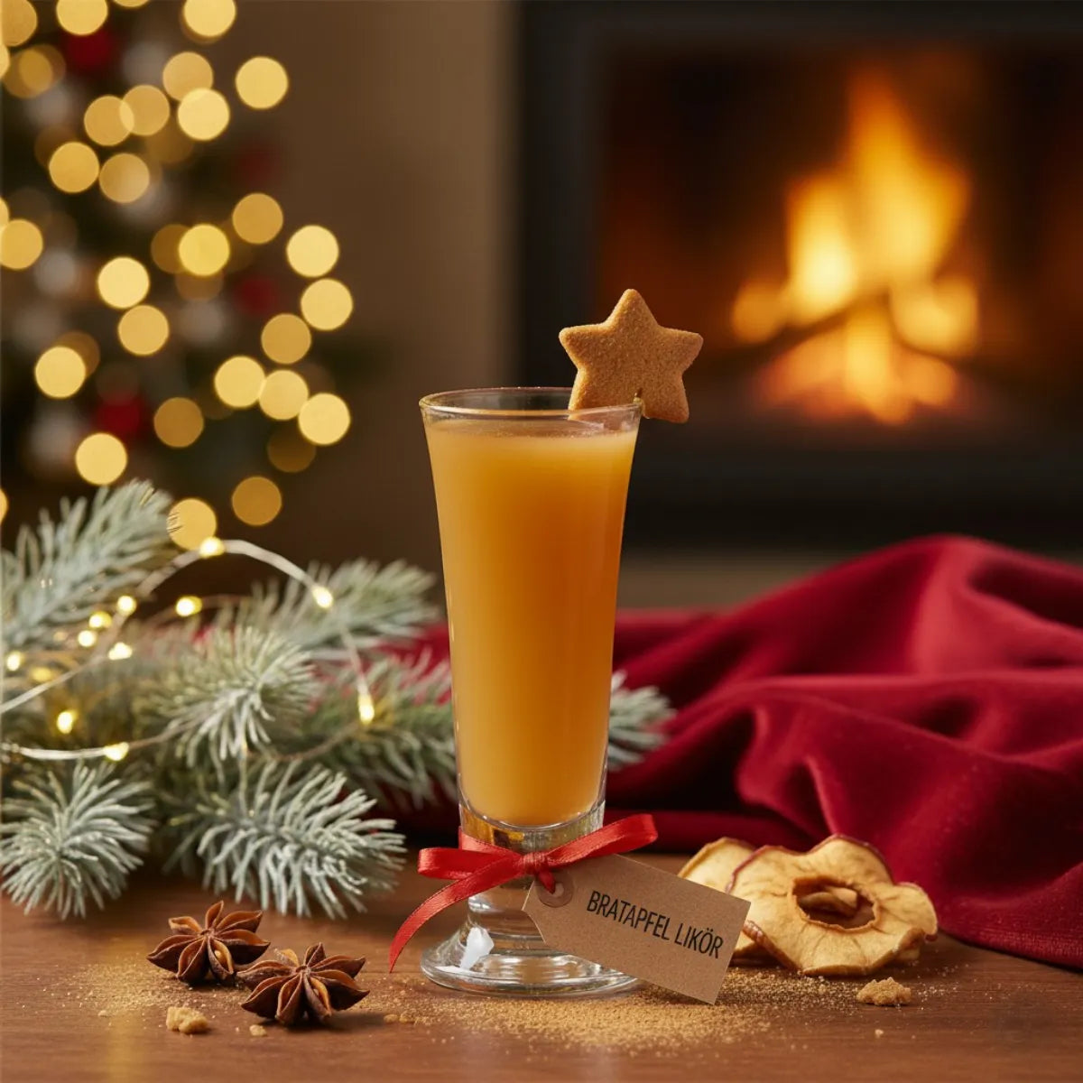 Glas mit bernsteinfarbenem Likör, Zimtsternen und getrockneten Apfelscheiben, Kaminfeuer und Weihnachtsdeko im Hintergrund.