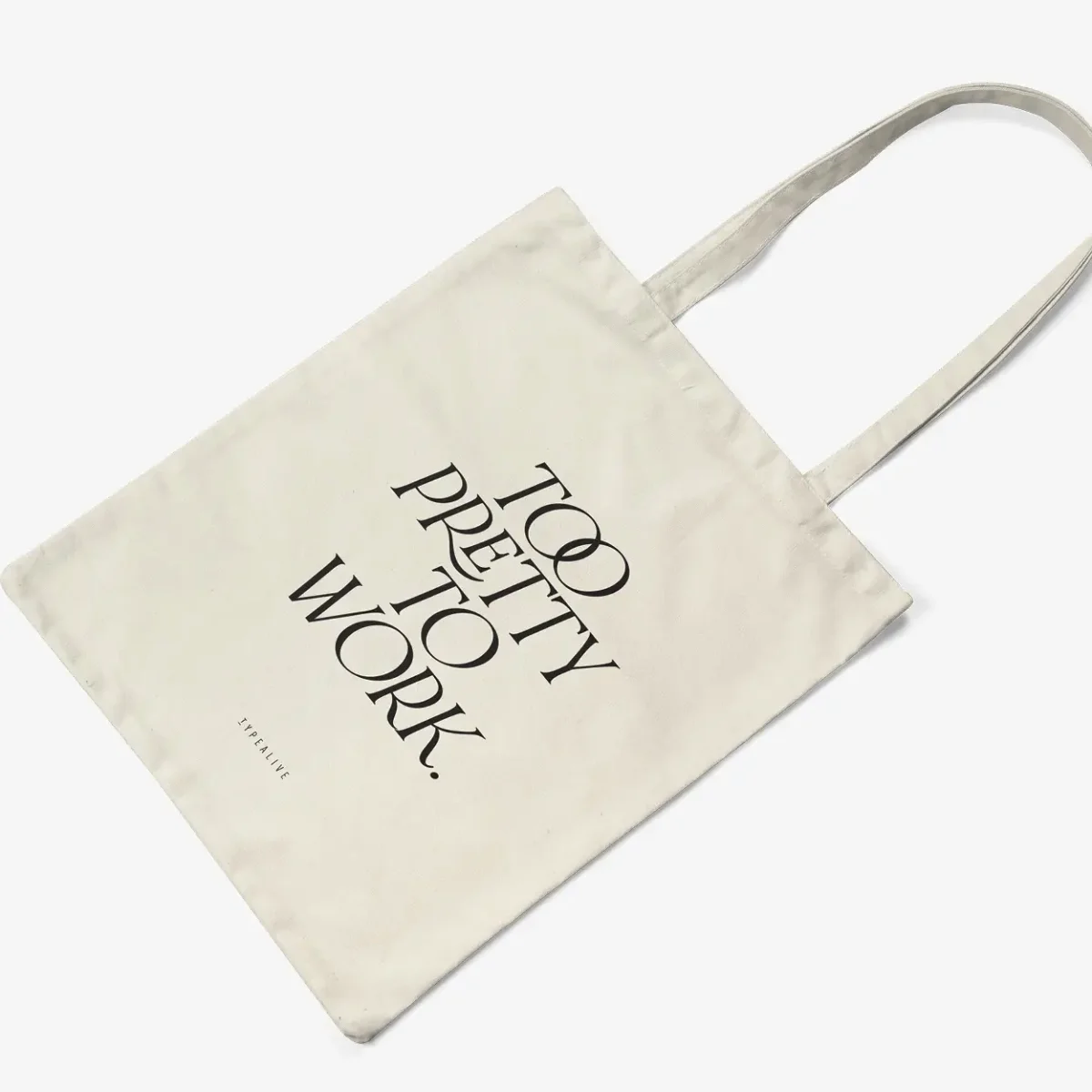 Cremefarbene Baumwolltasche mit schwarzem Siebdruck „TOO PRETTY TO CARRY WORK