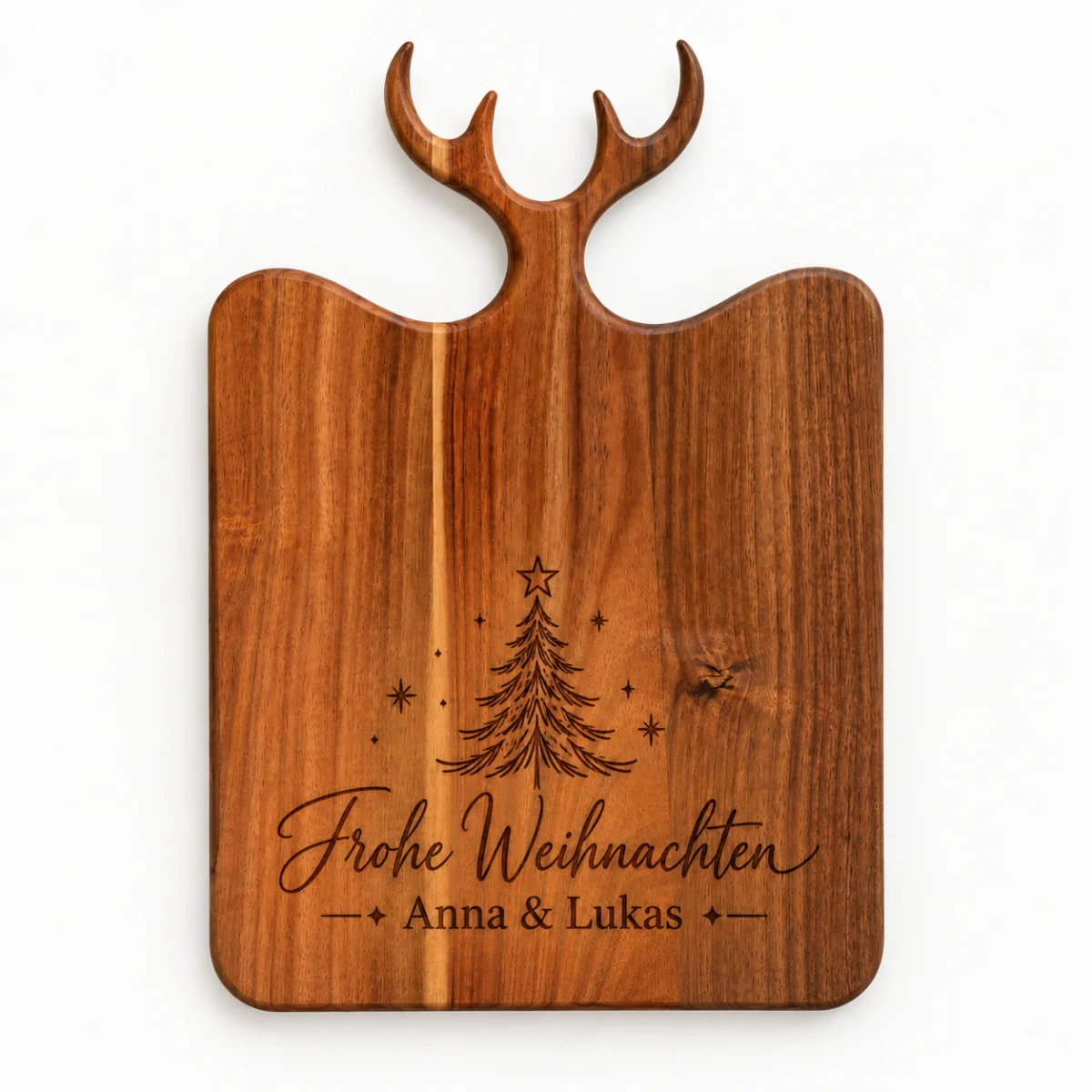 Akazienholz-Servierbrett mit geschnitztem Rentiergeweih oben, graviert mit Weihnachtsbaum, Sternen und Text „Frohe…
