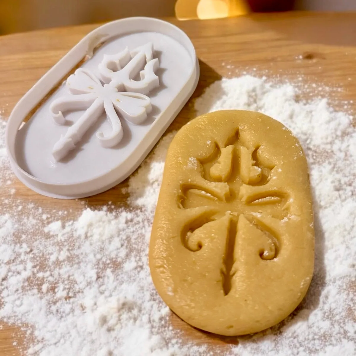 Weißer Keksausstecher mit Kreuzform neben ausgestochenem Teig auf bemehlter Holzfläche.