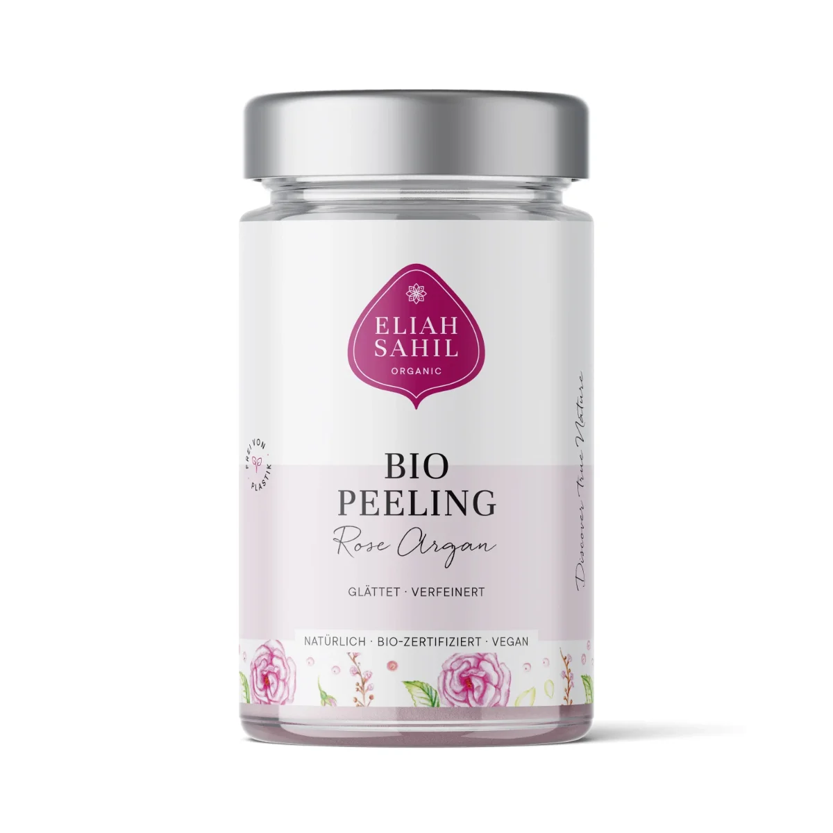 Körperpeeling Rose Argan in Glasdose mit silbernem Deckel, weiße Etikette mit rosa Blüten-Motiv