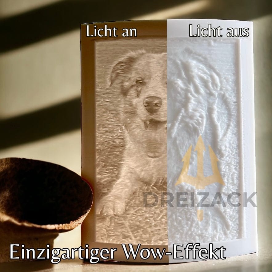 Lithopan von vorne: links Hundeporträt im Relief sichtbar, rechts durchleuchtet strahlend weiß, daneben LED-Licht als…