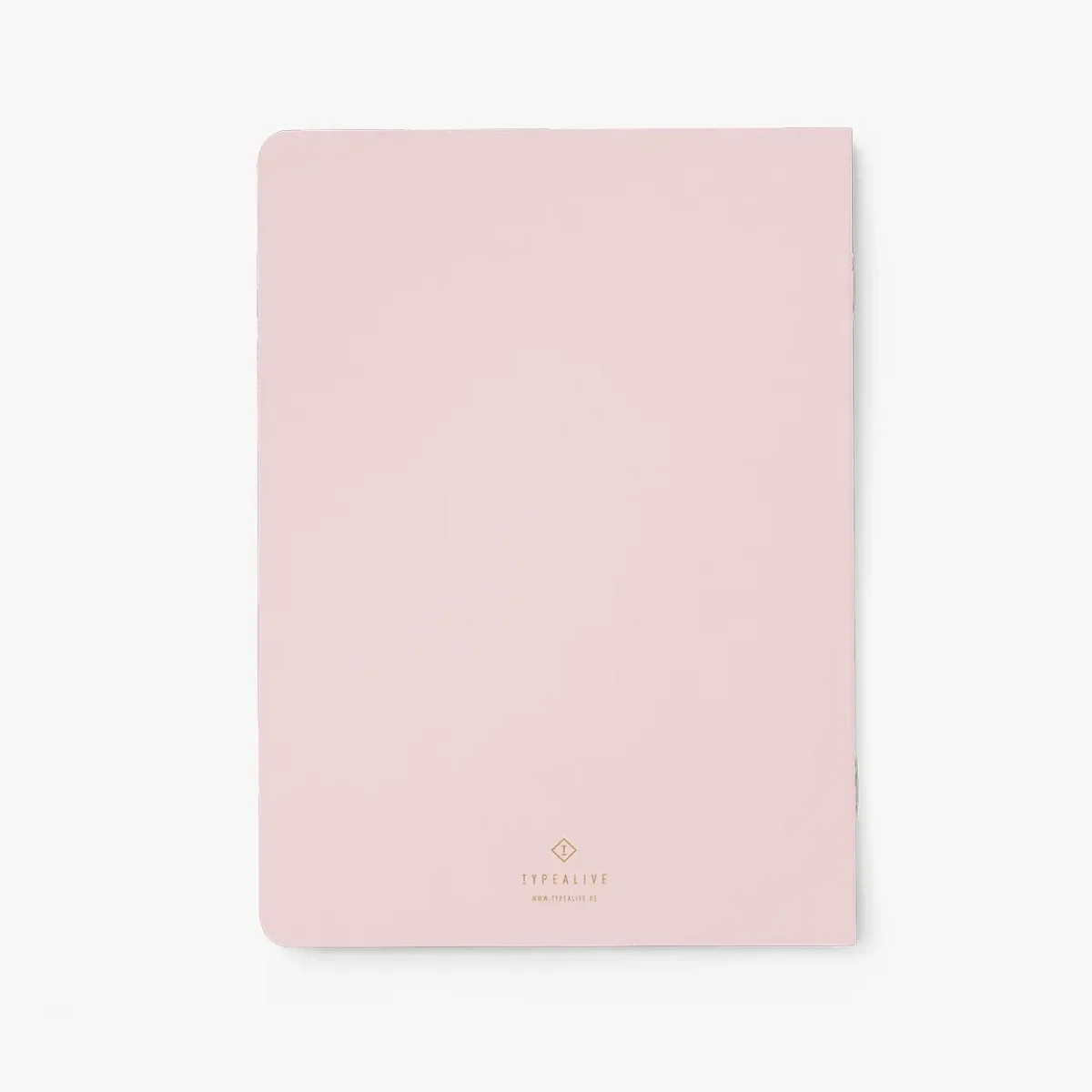 Rückseite eines Notizhefte in zartem Rosa mit abgerundeten Ecken, typealive-Logo unten mittig