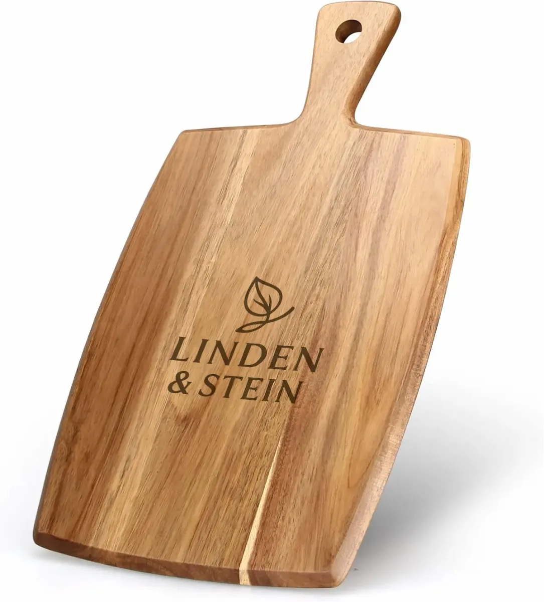 Schneidebrett mit Gravur, Akazienholz, rechteckig mit Griff, Maserung sichtbar, graviert mit Logo und Text „LINDEN & STEIN