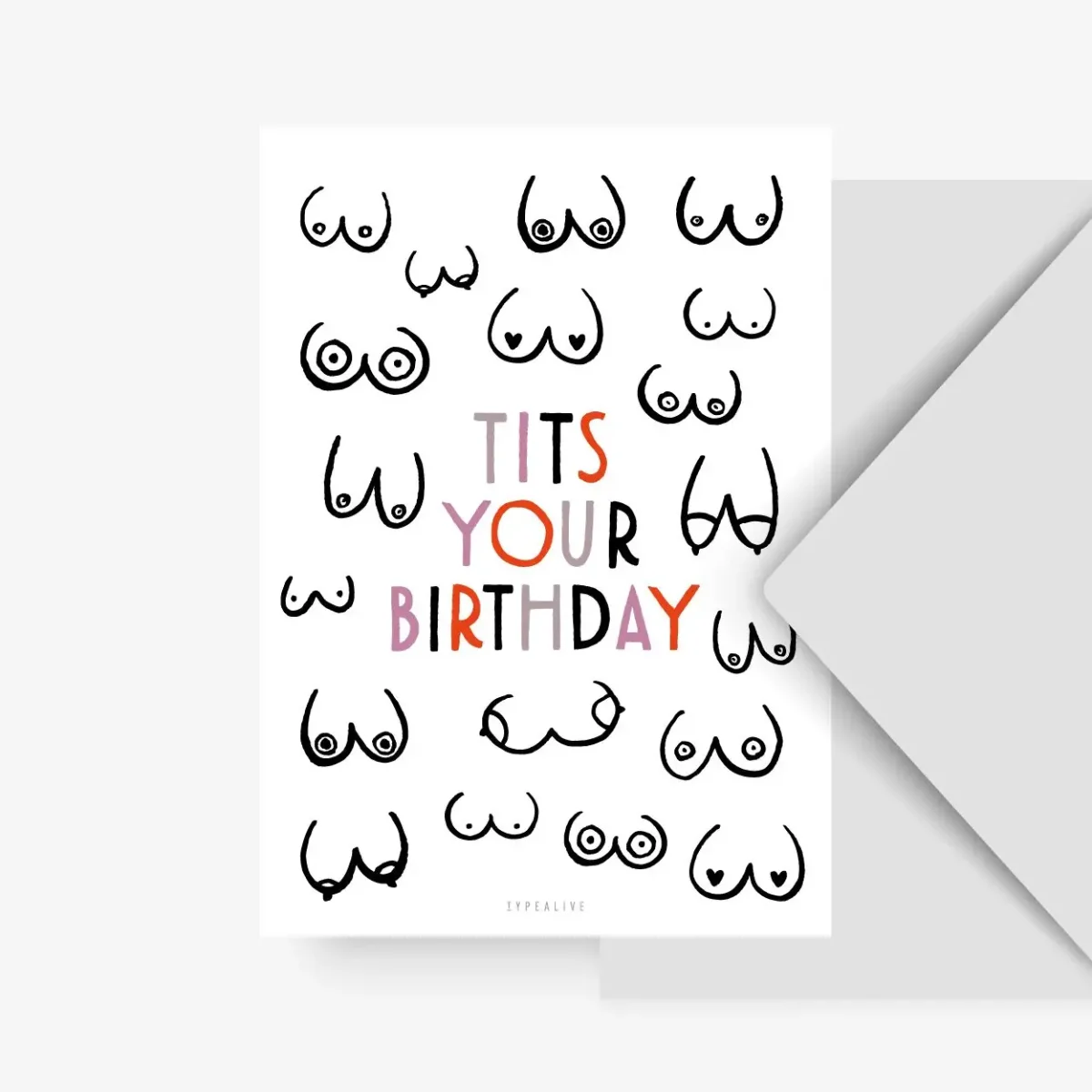 Geburtstagskarte DIN A6 mit handgezeichneten Brüsten und Text „Tits Your Birthday