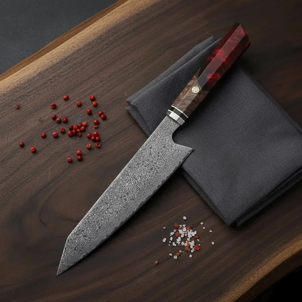 Kochmesser mit feuerrotem Griff und Damaststahl-Klinge auf Holzbrett, daneben schwarzer Klingenschutz und rote Pfefferkörner.
