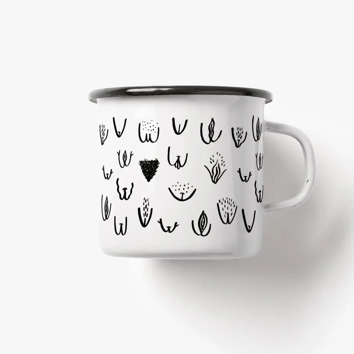 Emaille-Tasse von vorne, weißer Grund mit schwarzem Rand, bedruckt mit handgezeichneten Vulva-Motiven und botanischen…