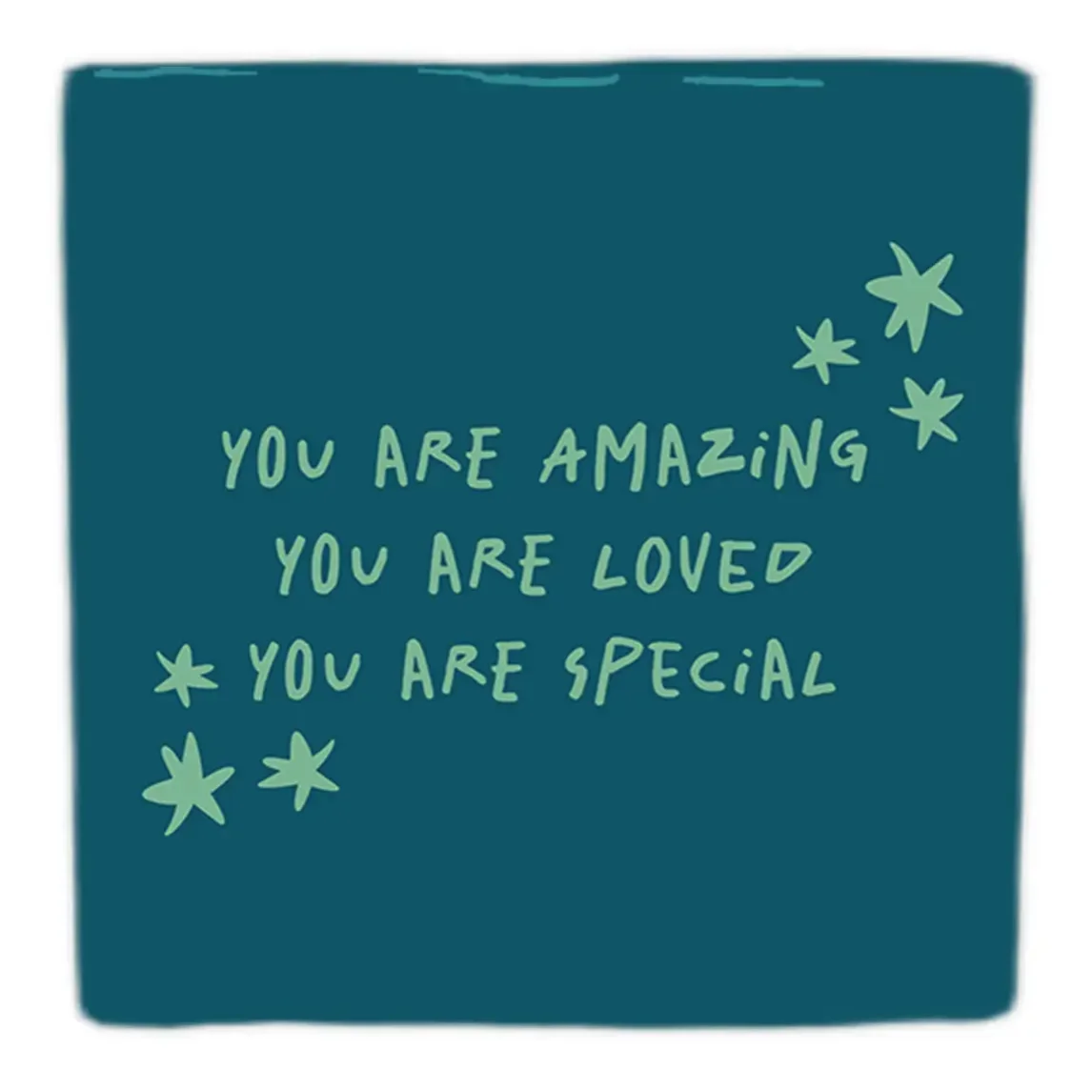 Deko Fliese 10×10 cm, dunkelblau mit hellgrünem Handschrift-Text „you are amazing, you are loved, you are special