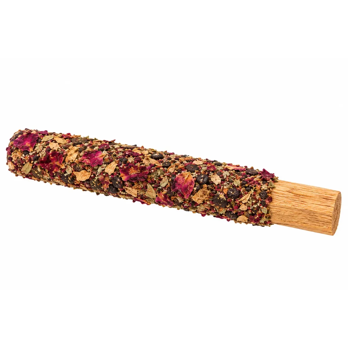 Palo Santo Räucherstab mit getrockneten Kräutern und Blütenblättern in Rot, Gold und Braun, Holzgriff sichtbar