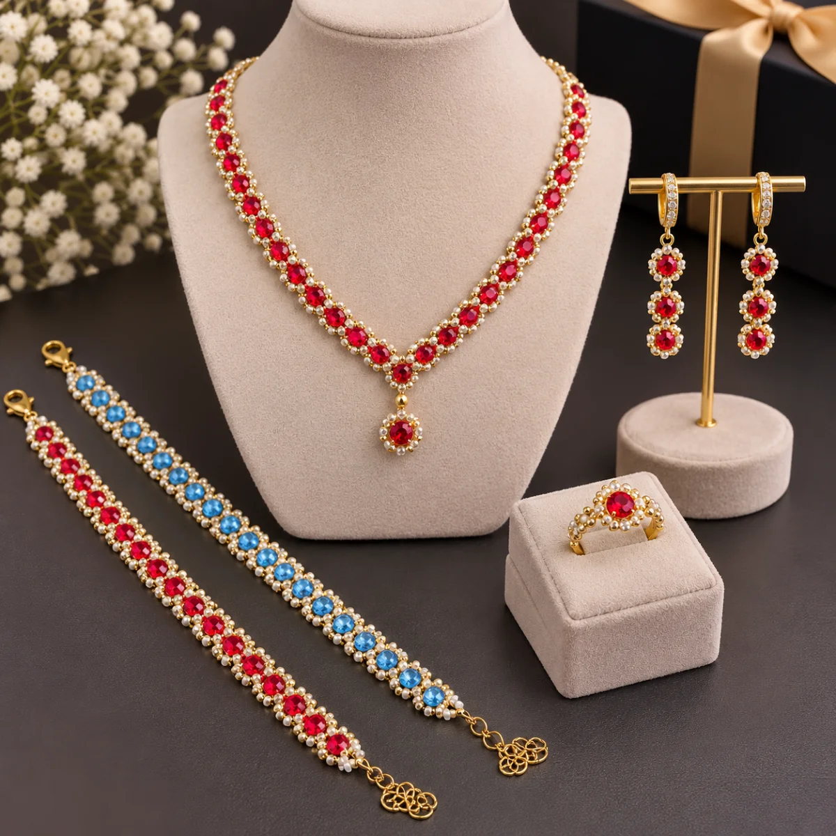 Schmuckset mit Halskette, zwei Armbändern, Ohrringen und Ring: rote und blaue Miyuki-Perlen in Goldoptik auf Büstenständer…