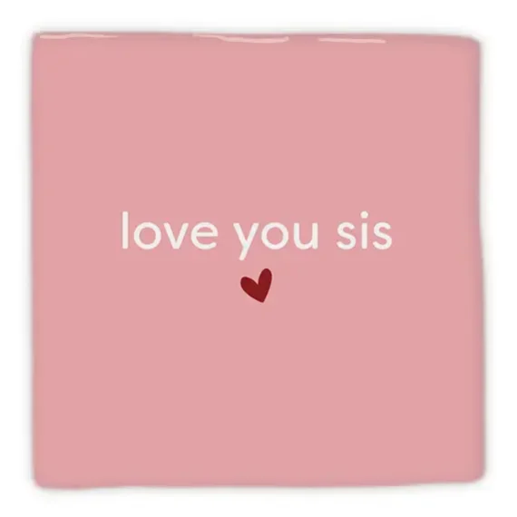 Deko Fliese Keramik, rosa, quadratisch 10×10 cm, weißer Text „love you sis