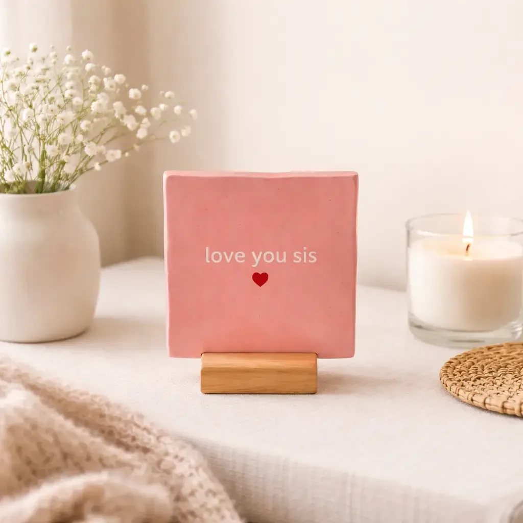 Rosa Keramikfliese 10×10 cm mit weißem Text „love you sis