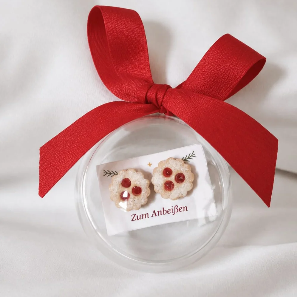 Ohrstecker Linzer Augen als Miniatur-Gebäck mit roten Marmeladeflecken, auf einer Karte in einer transparenten…