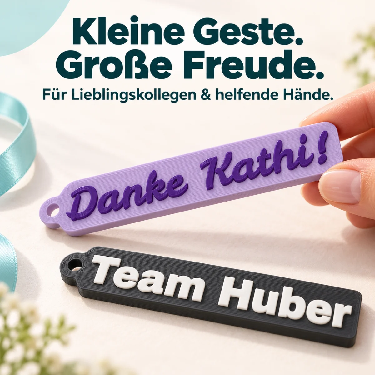 Schlüsselanhänger mit Namen: lila Anhänger mit dunkelvioletter Schreibschrift „Danke Kathi!“ in einer Hand, darunter…