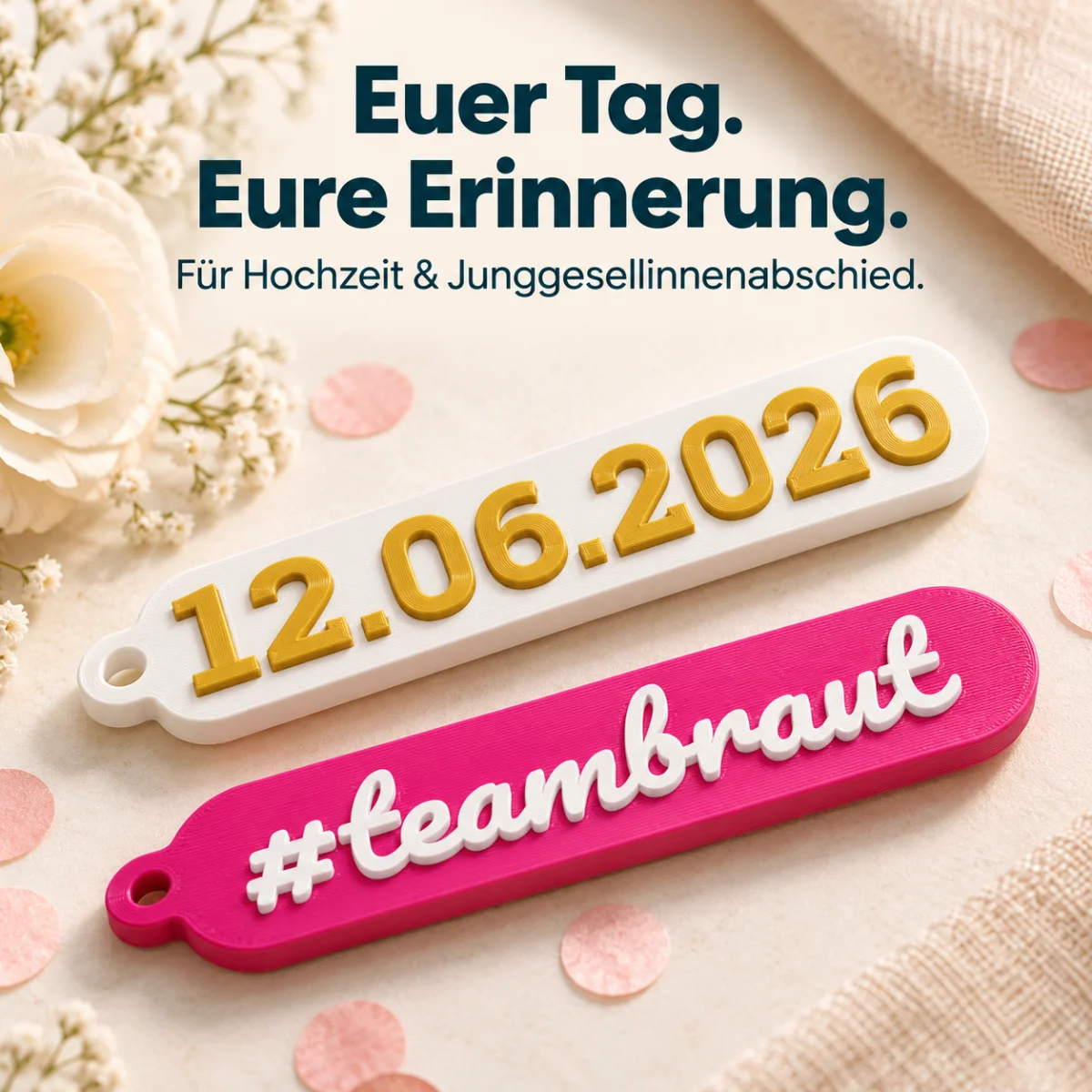 Zwei Schlüsselanhänger nebeneinander: ein weißer mit goldener Zahlenfolge 12.06.2026, ein pinker mit weißer Schreibschrift…