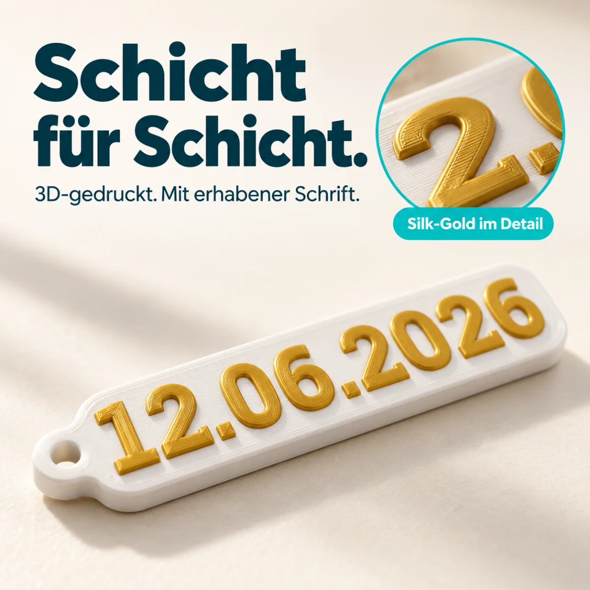 Weißer länglicher Schlüsselanhänger mit goldenem Datum 12.06.2026 in erhabener Schrift, auf hellem Untergrund, schräg…